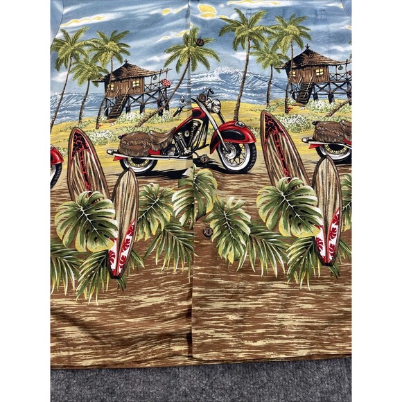 Ky's Hawaiian Shirt Men's Large Cotton Motorcycles Surfboards Tiki Hut Button-Up - Picture 2 of 16
